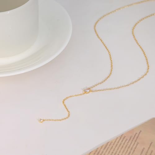 Gold Necklace for Women - Dainty Long Lariat Necklace 14K Gold Plated Clover Star Teardrop CZ Y Shaped Drop Necklaces Cute Long Necklaces for Women Trendy Prom Formal Womens Jewelry - color: Gold-LX Drop