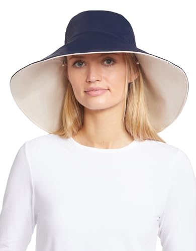 Solbari Ultra Wide Brim Sun Hat UPF 50+ Packable UV Sun Protection Hats with Full Coverage Brim - color: Navy / Beige, size: Small-Medium