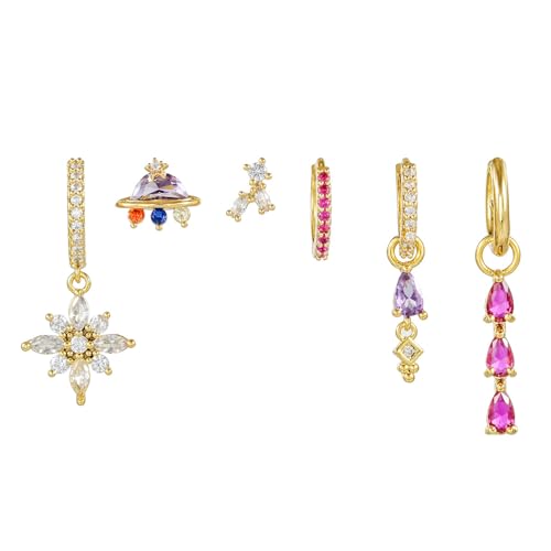 6pcs Gold Hoop Earring Stacks For Women Dainty Colorful Cubic Zirconia Huggie Earrings 18k Gold Hoop Earrings Cartilage Stud Earring Sets For Multiple Piercing - style: Fashion-B