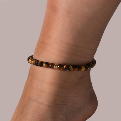 Softones 6mm Natural Stone Anklet for Women Gemstone Ankle Bracelets for Women Healing Energy Crystal Anklets Adjustable(8.5-10 Inches) - color: Tiger Eyes