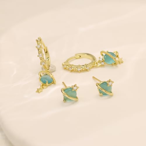 6 Pcs/6 Pairs Hypoallergenic 925 Sterling Silver Stud Post 14K Gold Earrings for Women Moon Star Hoop Stackable Cubic Zirconia Chain Dangle Earring Set Stacks for Multiple Piercings - color: Gold Flower Planet