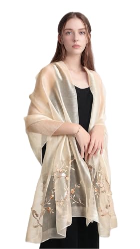 Jeelow Silk Blend Floral Fashion Scarf Shawl Wrap Lightweight Sheer For Women Floral Embroidery Wedding Party Prom - color: Khaki
