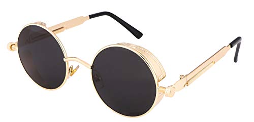 FEISEDY Retro Gothic Steampunk Sunglasses Round Metal Frame Punk Circle Inspired Shade Men B1857 - color: Gold/Grey