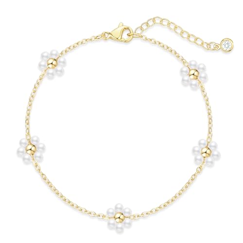 Dainty Silver Gold Bracelets for Women Trendy Non Tarnish 14K Gold Plated Cute Clover Bracelet Stackable Daisy Cubic Zirconia Diamond Charm Bracelet Stack Waterproof Jewelry Gifts - color: F- Pearl Bracelet- Gold