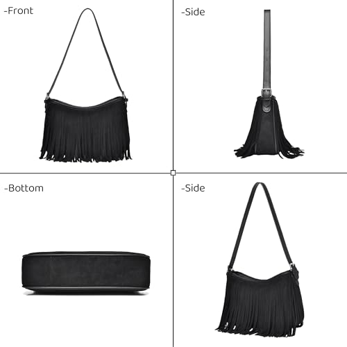 Fringe Shoulder Bag for Women Underarm Suede Western Hobo Purses and Handbags Trendy Crossbody Purse with Tassel - color: Black