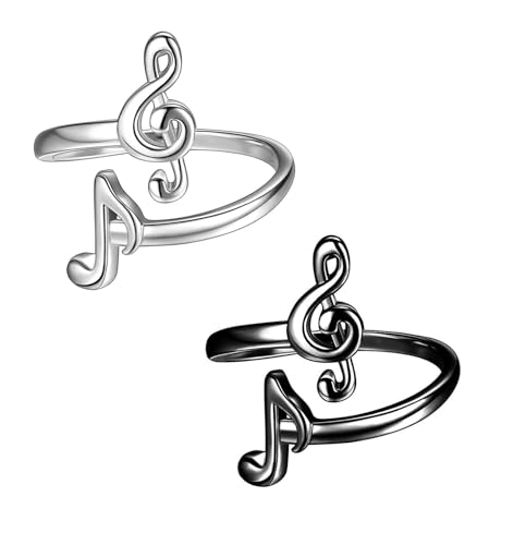 2pcs 925 Sterling Silver Music Note Ring for Women and men, Treble Clef Open Ring Musical Jewelry Gifts for Music Festival Live House Hip Hop Music Lover, musicians, Custom Music rings
