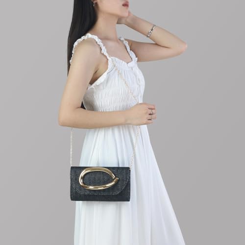 Straw Clutch Purses for Women,Summer Beach Bag,Woven Evening Handbags with Chain,Trendy Metal Handle Purses 2026 - color: Black