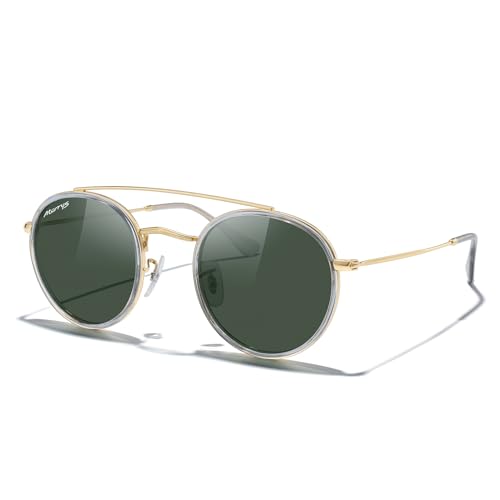 MERRY'S Retro Round Polarized Sunglasses - Unisex Double Bridge Sun Glasses - color: Tra Gray Frame/Gold Bridge/G15 Lens