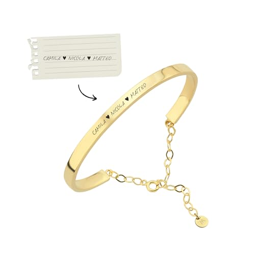 MIONZA 18K Gold Vermeil Personalized Bangle Bracelet for Women, Custom Engraved Cuff with Personal Text