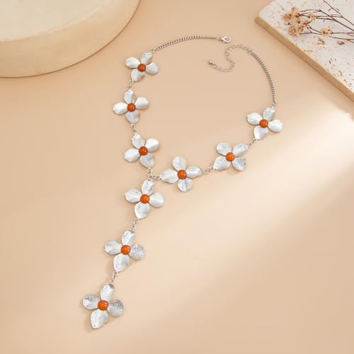 Gold Flower Y Chain Necklace for Women Layered Flower Pendant Choker Long Rhinestone Chain Necklace Party Prom Jewelry - color: Silver A
