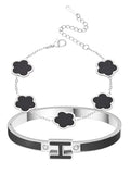 H Bangle & Clover Bracelet for Women - Stainless Steel Fashion Jewelry - 18K Gold Plated H Bangle and Lucky Five Leaf Clover Bracelet - Elegant Bracelets Set - Gift for Women - color: Silver-Black Set