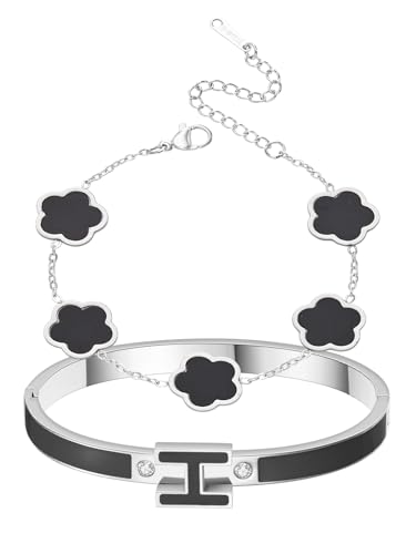 H Bangle & Clover Bracelet for Women - Stainless Steel Fashion Jewelry - 18K Gold Plated H Bangle and Lucky Five Leaf Clover Bracelet - Elegant Bracelets Set - Gift for Women - color: Silver-Black Set