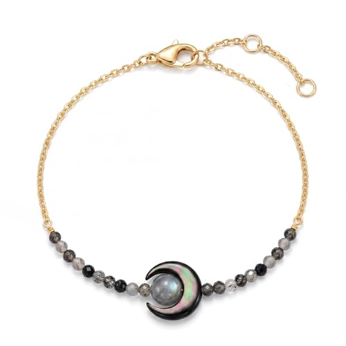 Fettero Beaded Bracelets for Women Charm Natural Stone Handmade Beads White Gold Plated Dainty Gold Bracelets Non Tarnish Boho Summer Beach Vacation Jewelry - color: Black-Moon
