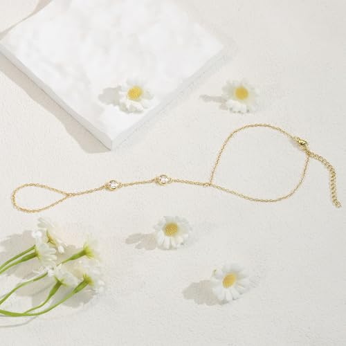 BAYLAY Hand Chain Bracelet, 14K Gold Plated Ring Bracelet Hand Chain Dainty Gold Bracelet for Women Trendy Finger Ring Slave Bracelets Hand Jewelry for Women Summer Beach Boho Gifts Trendy Stuff - color: 2CZ-7mm