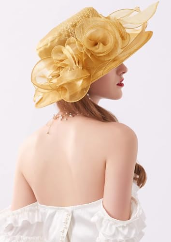 ORIDOOR Women’s Organza Church Tea Party Wedding Fascinator Derby Hat Wide Brim Sun Hats - color: D1-gold