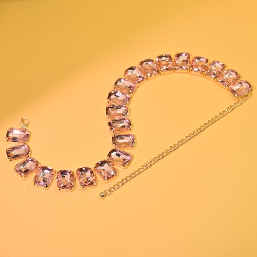 Fashionable Chunky Plated Tennis Rhinestone Statement Necklace Jewelry Set for Women Multicolor gem necklace with Great Sparkle and Shine Design for Women to Easy Match - color: pink square Rhinestone