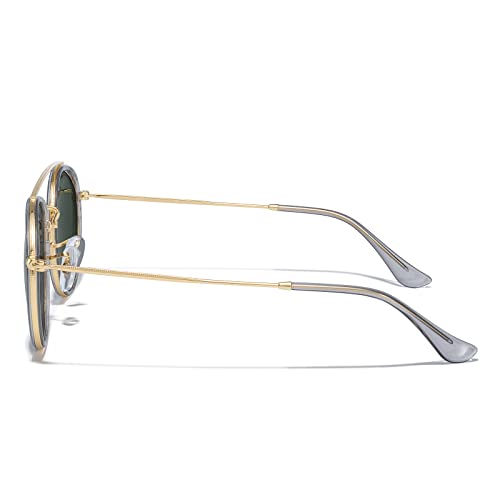 MERRY'S Retro Round Polarized Sunglasses - Unisex Double Bridge Sun Glasses - color: Tra Gray Frame/Gold Bridge/G15 Lens