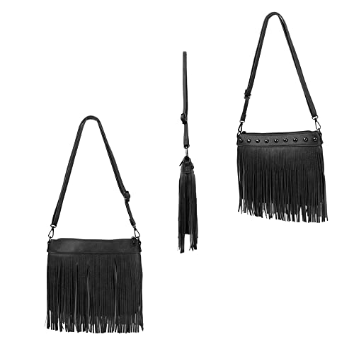 Hoce Women’s Leather Fringe Messenger Bag Large Hobo Crossbody Tassel Shoulder Bags, Gift for Mom Wife Girlfriend - color: 6926 Black