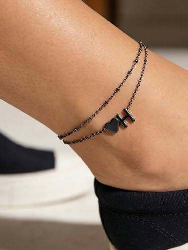 Silvora Ankle Bracelets for Women Waterproof 14K Gold/Silver/Black Initial Anklet for Women Dainty Layered Heart Ankle Bracelets Stainless Steel Adjustable Foot Chain Anklet Summer Beach Jewelry - color: Black-Stainless Steel, size: 08.H