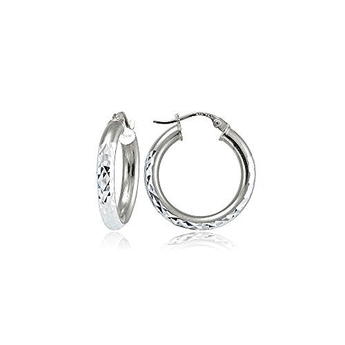 Hoops & Loops 925 Sterling Silver Diamond-Cut Round Hoop Textured 3mm Click-Top Earrings for Women, Slver, Two-Tone 14K Yellow Gold Flash Plate 15/20/25/30/35/40/45/50mm Hoops - color: Silver, size: 15mm (0.59'')