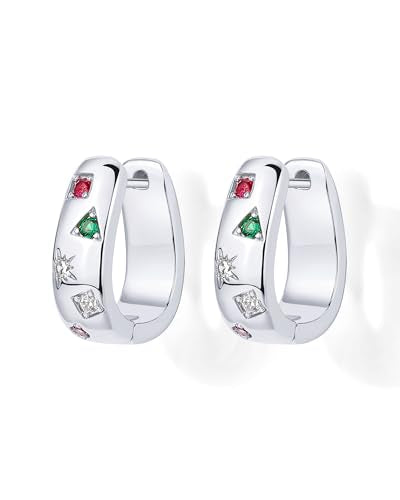 PAVOI 14K Gold Plated 925 Sterling Silver Posts Chunky Huggie Earrings for Women | Multi-Colored Cubic Zirconia Statement Hoop Earrings - color: White Gold