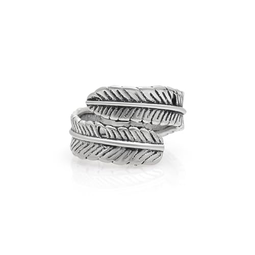 Silver Plated Feather Ring | 925 Silver Adjustable Open Ring | Vintage Leaf Design Inspirational Jewelry for Men & Women | Hypoallergenic Boho Statement Ring - color: Angel Feather Ring