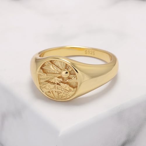 925 Sterling Silver Chunky Signet Rings for Men Women Coin Ring Mens Pinky Ring Engraved Sun Tree Jewelry Size 6-13 - color: Gold