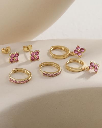 3 Pairs Gold Hoop Earrings Set for Women, Hypoallergenic 14K Gold Plated Huggie Earrings Stacks for Multiple Piercing Dainty Stud Earring Cartilage Birthstone Earring Women Jewelry Gift - color: 07. July(Ruby)