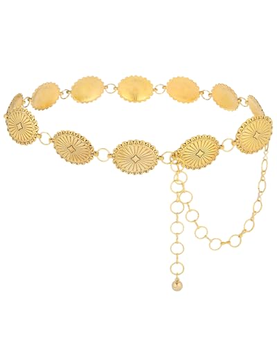 AWAYTR Chain Belt for Women – Adjustable Boho Metal Waist Chain Belt Gold Sliver for Dresses Jeans Country Concert Outfit - color: Gold-classic Oval