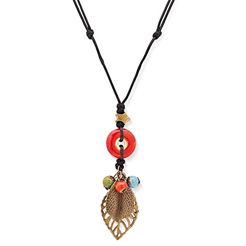 Pingyongchang H&Z Bohemian Colorful Ceramic Beads Lariat Necklace, Hippie Moon Stars Ceramic Tassel Beaded Jewelry Gifts for Women - color: red
