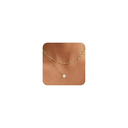 Dainty Gold Necklaces for Women Trendy Non Tarnish 14K Gold Plated Cubic Zirconia Necklace Layered Simple Cute Four Leaf Clover Choker Jewelry Birthday Gifts - color: Gold, style: Layered CZ