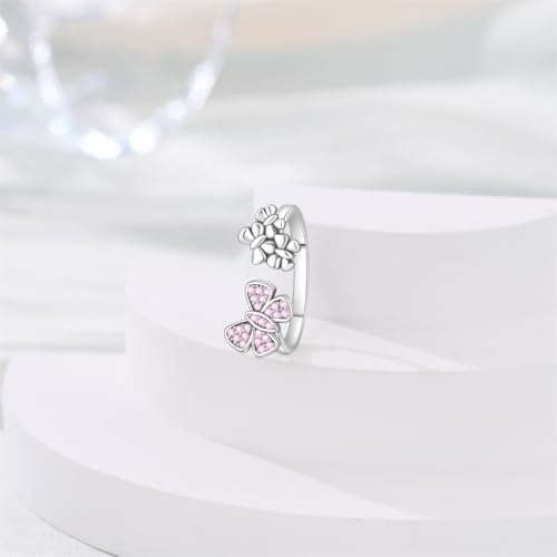 PARCOM Adjustable Women Stackable Ring, 925 Sterling Silver Open Rings - Trendy Eternity Cubic Zirconia Stackable Band Engagement Promise Ring for Her, Hypoallergenic Non Tarnish Nature Bird Floral Thumb Rings - color: Flower & Bow