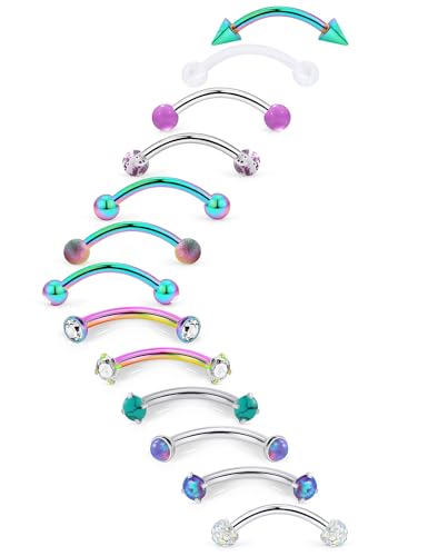 16g 8/10mm Silver/Black/Rose-Gold/Rainbow Eyebrow Piercing Jewelry Rings Curved Barbell Vertical Labret Lip Surgical Steel Small Belly Button Snake Eyes Tongue Rook Earrings for Women Men - color: Rainbow / Purple, size: 16g*8mm*3mm
