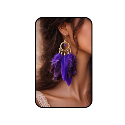 Feather Earrings for Women, Boho Long Brown Gold Dangle Drop Earrings, Handmade Statement Vintage Western Style Lightweight Trendy 2026 Fancy Unique Jewelry Gift - color: Purple