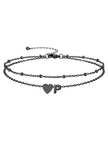 Silvora Ankle Bracelets for Women Waterproof 14K Gold/Silver/Black Initial Anklet for Women Dainty Layered Heart Ankle Bracelets Stainless Steel Adjustable Foot Chain Anklet Summer Beach Jewelry - color: Black-Stainless Steel, size: 16.P