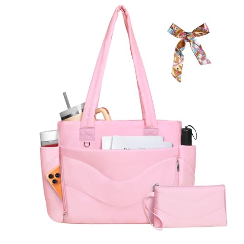 YFWE Puffer Tote Bag for women, Lightweight Tote Bag with Compartments for Work, Travel, School, Gym & Nurses - color: Pinkish-purple