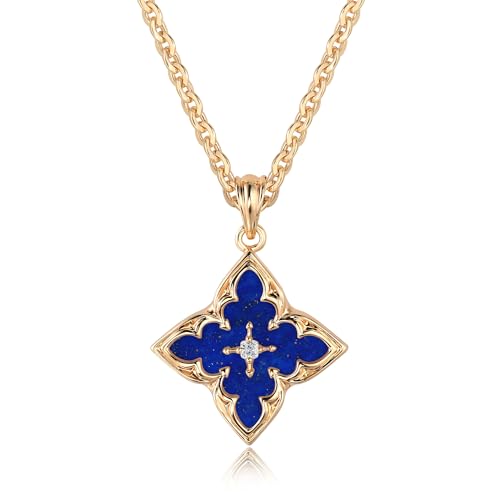 Fettero Gold Clover Necklace for Women Dainty 14K Gold Plated CZ Pendant Necklace Adjustable Chain Choker Charm Colorful Clover Pendant Lucky Necklaces for Women Jewelry - color: Dark-blue
