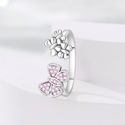 PARCOM Adjustable Women Stackable Ring, 925 Sterling Silver Open Rings - Trendy Eternity Cubic Zirconia Stackable Band Engagement Promise Ring for Her, Hypoallergenic Non Tarnish Nature Bird Floral Thumb Rings - color: Flower & Bow