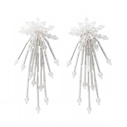 Native Beaded Tassel Earrings Boho,Fringe Drop Statement Seed Bead Tribal Dangle Earrings for Women - color: White