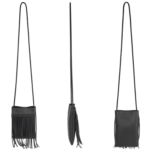 Women Leather Fringe Messenger Bag Mini Hobo Crossbody Tassel Shoulder Bags - color: Black-l