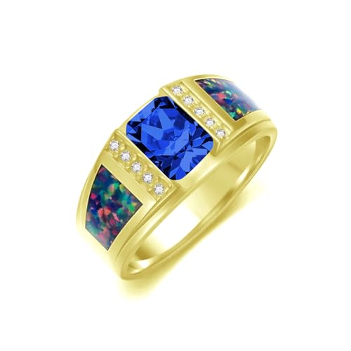 2CT Gemstone Wedding Ring for Men S925 Sterling Silver Gold Plated Opal Engagement Ring Vintage Retro Jewelry for Men Husband Anniversary Free Engraved Size 4 to 16 - style: Sapphire
