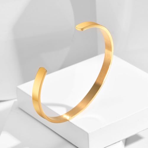 MEALGUET Stainless Steel Mens Cuff Bracelet : Minimal Cool Silver/Black/Gold Plated Open Metal Cuff Bangle Bracelets for Men,Mens Bracelet Jewelry Gift - color: Gold Plated-Single, size: Medium( fit 5.5"-7.2" wrist)