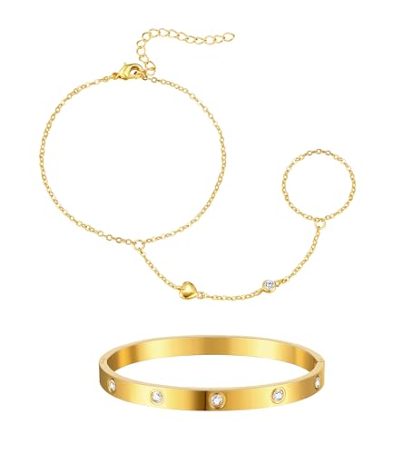 doubgood Gold Bracelets for Women, 5 Piece 14K Gold Plated Bracelet Stack Beaded Ball Jewelry Sets Gifts for Women - color: Style 6-Gold Hand Chain+Bangle