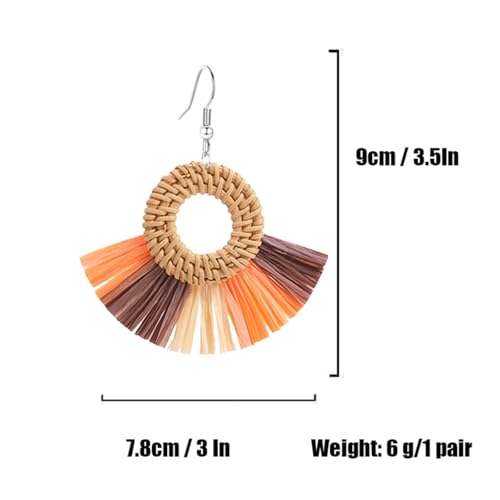 Boho Summer Beach Earrings for Women Lightweight Straw Wicker Earring Statement Raffia Fan Round Tassel Dangle Drop Earrings Hawaii Jewelry - style: Orange Round