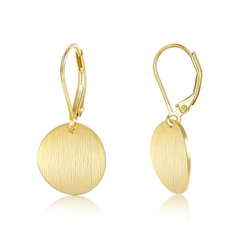 14K Gold Dangle Earrings for Women，Lightweight Circle Disc Coin Geometric Flat Brushed Drop Earrings, Hypoallergenic Leverback Earrings Jewelry - color: A-14K Gold