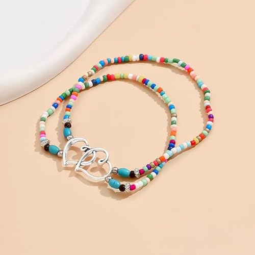 Ankle Bracelets for Women Waterproof Elastic Heart Anklet Stretchy Ankle Bracelets Colorful Beaded Anklets Boho Ankle Bracelets Silver Beach Anklet Jewelry Accessories for Summer - color: Black Rainbow Anklets