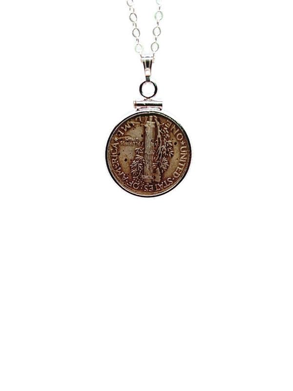 Handmade Sterling Silver Vintage 1940's Mercury Dime 925 Necklace No Plating. 16-20" Chain lengths NEW. US collectible Silver 10 cent coin. 90% Silver Dime. Screw Top Coin Edge bezel - size: Add 16 inch Cable Chain
