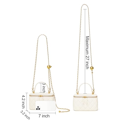 DORIS&JACKY Small Quilted Box Crossbody Purse For Women, Designer Lambskin Leather Mini Top Handle Tote Bag With Chain Strap - color: 3-white