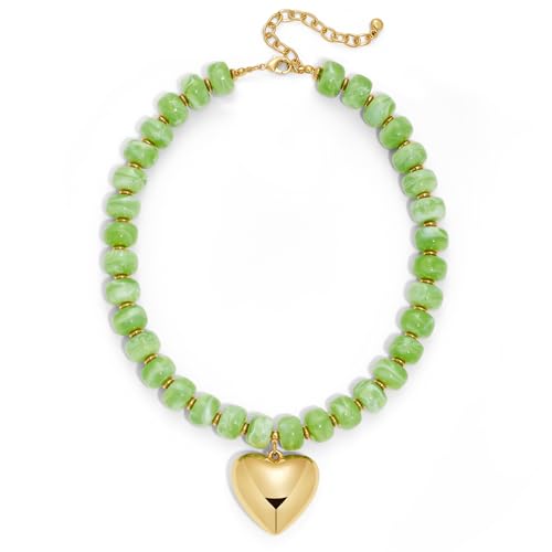 WOWORAMA Chunky Heart Necklaces for Women Colorful Resin Beaded Choker Necklace Gold Puffy Heart Statement Necklace Trendy Acrylic Choker Jewelry - color: Light-Green