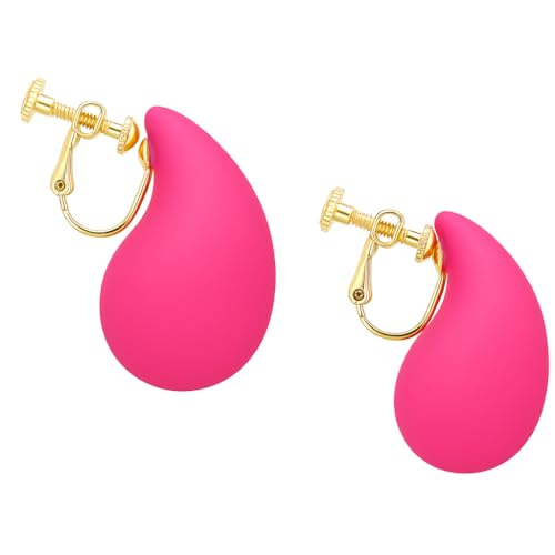 14K Gold Clip On Earrings Women,Teardrop Chunky Detachable Hoop Clip-On Earrings for Non Pierced Ears Hypoallergenic Lightweight Earring Clips - color: Hot Pink